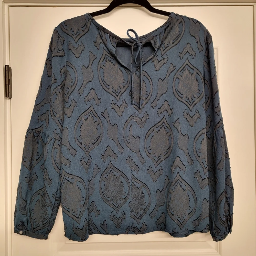 ANN TAYLOR LOFT Teal Blue Patterned Balloon Longsleeve Shirt Medium Petites - Picture 5 of 9